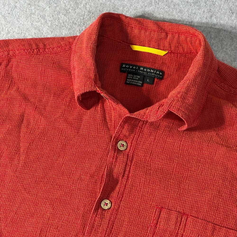 Royal Robbins Mens Large Orange 100% Cotton Textured Short Sleeve Button Down